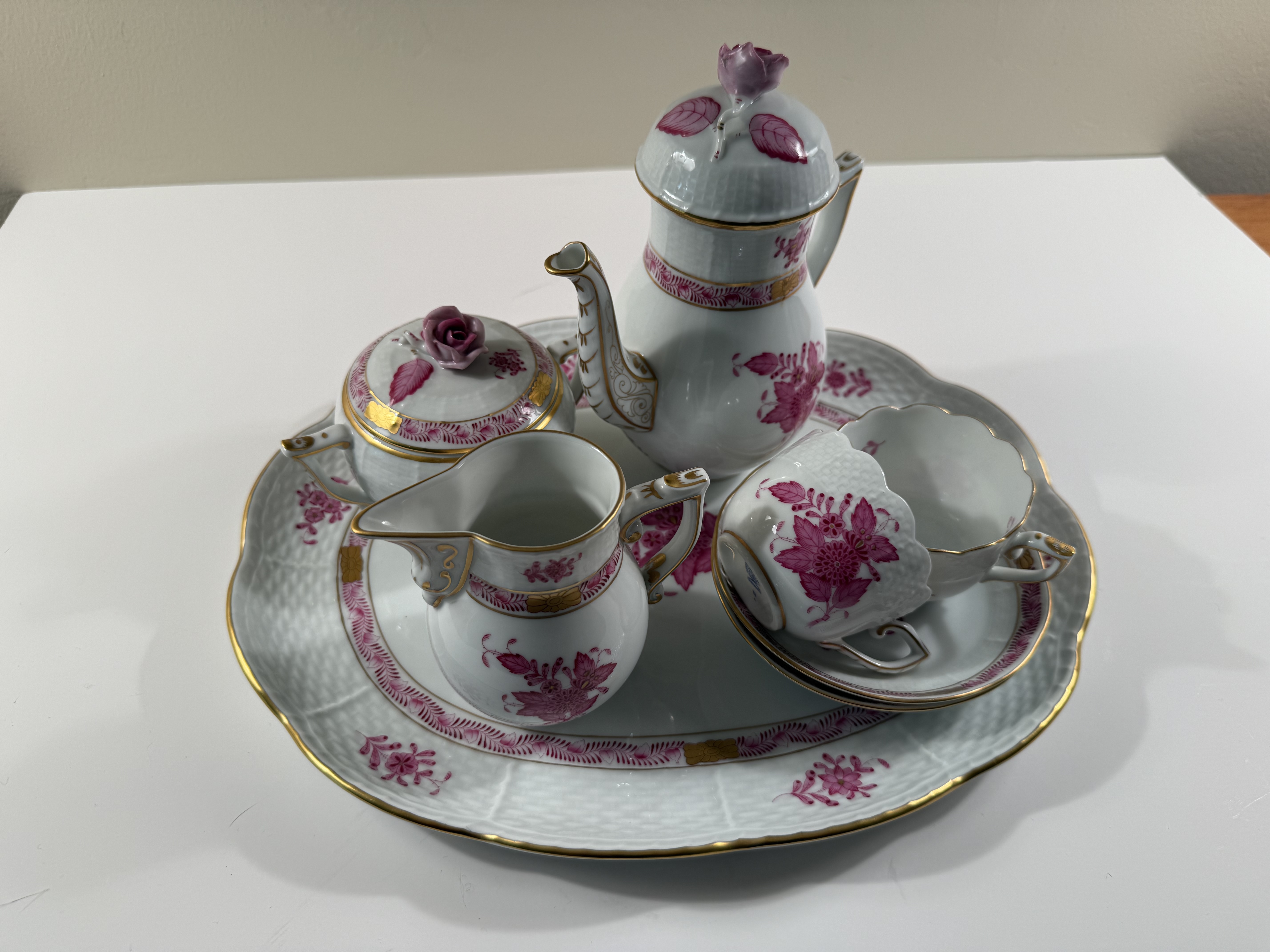 Herend Porcelain — "Apponyi Purple" (AP) / "Chinese Bouquet Raspberry" — Coffee/Espresso Set for Two, 8 Pieces